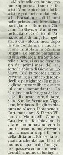 testimonianza della sorella di Luigi Evengelista e di Emilio Pecorari, partigiano.